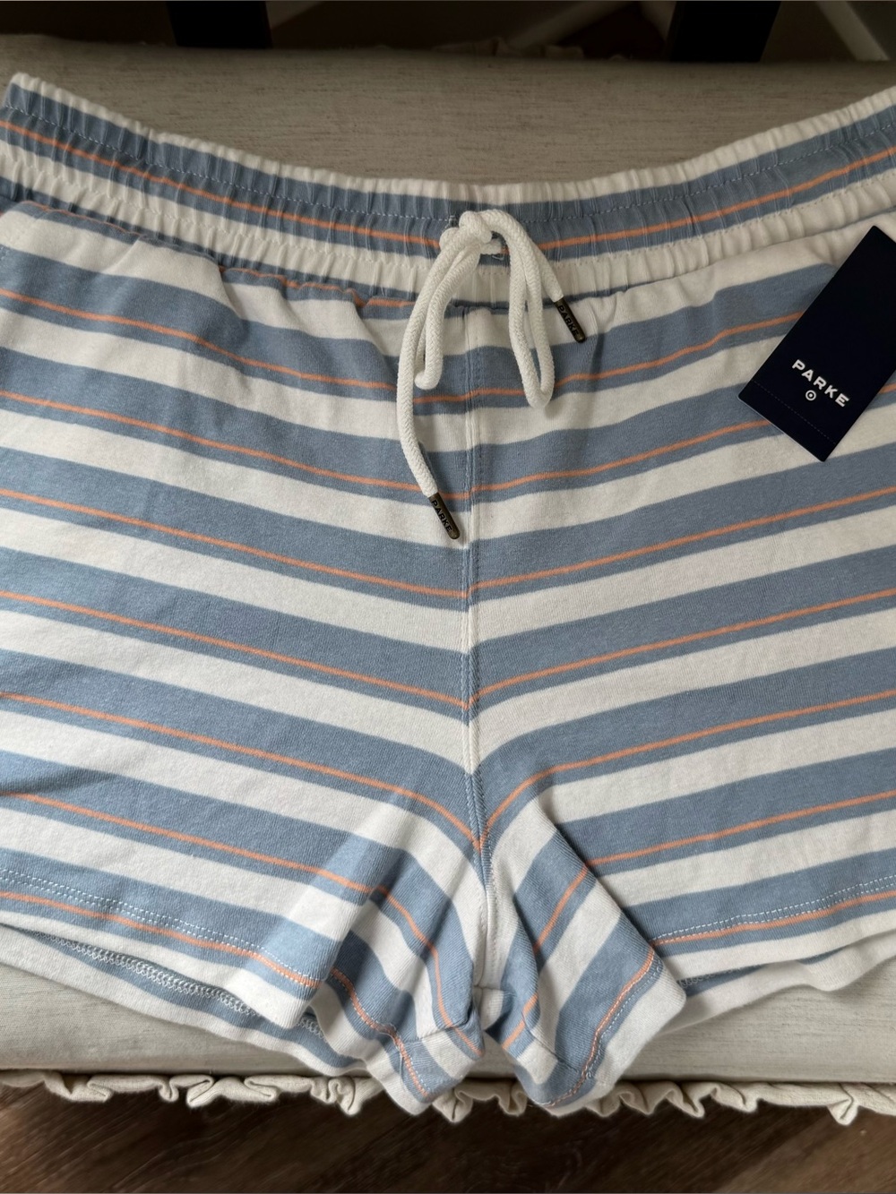 Parke X Target Collab-blue and white striped cotton shorts with peach accents!